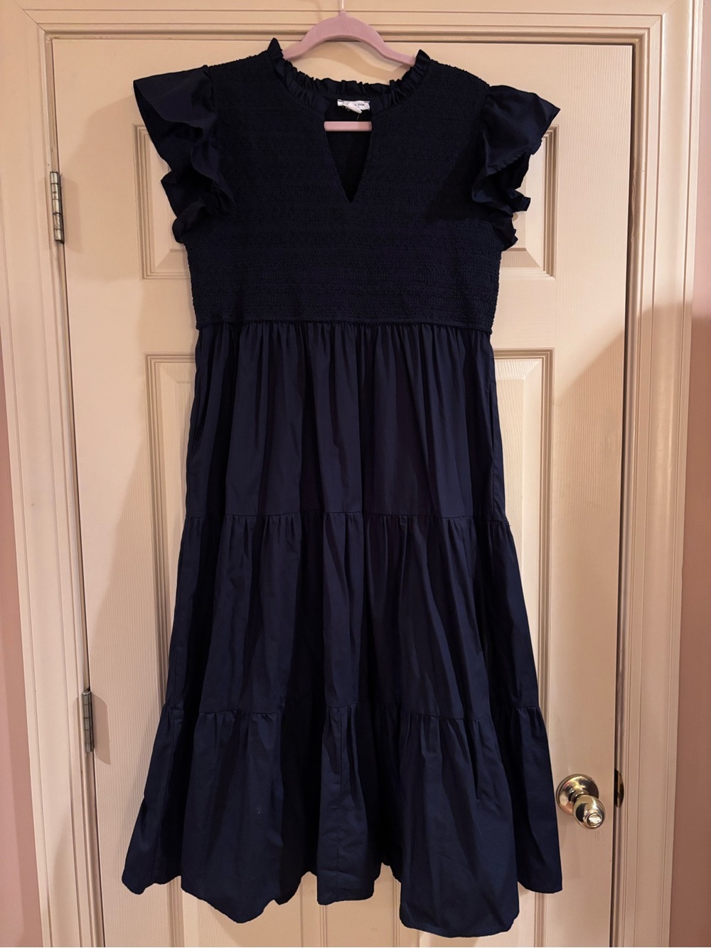 Women’s  Chicsoul Navy Smocked Bodice Tiered Ruffle Sleeve Dress-Length 45”